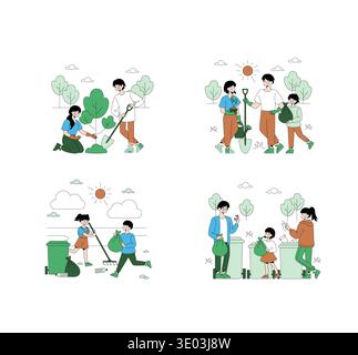 Vector illustration of families engaging in environmental activities including planting trees and cleaning up trash outdoors. Highlights teamwork in planting and waste management. Stock Vector