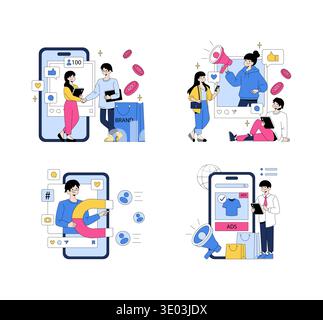 Vector illustration depicting various social media marketing actions. People interact with digital platforms, showcasing branding, engagement, and online communication strategies. Stock Vector