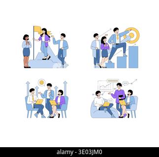 Vector illustration showcasing teamwork in various business scenarios, including goal achievement, data analysis, and collaborative planning with diverse team members interacting dynamically. Stock Vector