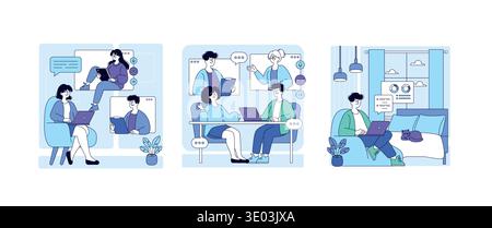 Vector illustration showing team members engaging in collaborative teamwork and remote work. People are seen interacting through laptops and discussing ideas in various settings. Stock Vector