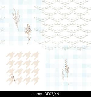 Gingham plaid and houndstooth patchwork pattern cottagecore rustic style in light sage green colors Stock Vector