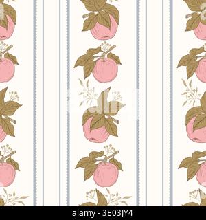 Seamless pattern of hand drawn apples with leaves in a simple rustic style with blue vertical stripes on a light background. Stock Vector
