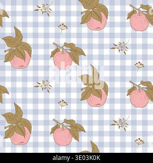 Seamless gingham plaid pattern with hand drawn apples with leaves in a simple rustic style blue checkered background. Stock Vector