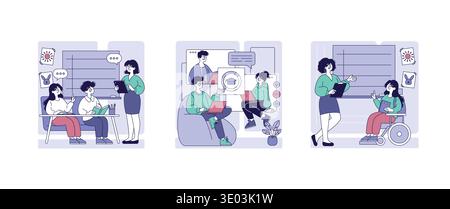 Vector illustration depicting a diverse group engaged in collaborative learning and teamwork. Group members, including a person in a wheelchair, communicate using digital devices and take notes. Stock Vector