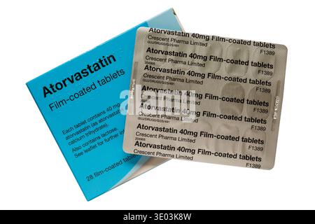 Packet of Atorvastatin film-coated tablets statins pack 40 mg with blister pack isolated on white background Stock Photo