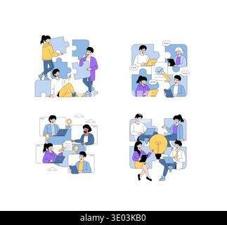 Vector illustration depicting groups of people engaging in teamwork activities, solving puzzles, brainstorming ideas, and communicating through digital platforms. Concepts of collaboration and creative thinking are highlighted. Stock Vector