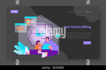 Vector illustration of a family engaging with digital devices, emphasizing 5G connectivity and internet security. Features user-centric billing and communication visuals in a modern web layout. Stock Vector