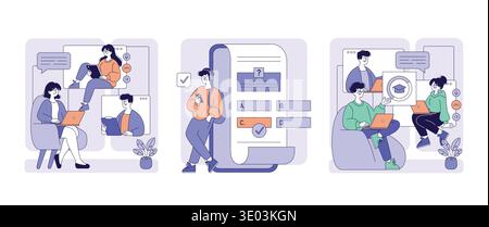 Vector illustration shows people engaging in online learning and collaboration, working on assignments and participating in educational activities. Features diverse settings and interactive elements. Stock Vector