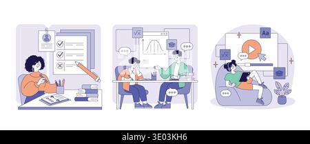 Illustration showing students engaged in online learning activities. One is planning with checklists, another discussing mathematical concepts, and a third relaxing with video lessons. Stock Vector