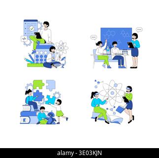 Vector illustration showcasing people engaging in science and technology activities, including coding, chemistry experiments, robotics, and virtual reality, highlighting educational interaction. Stock Vector