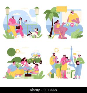Vector illustration of family activities and virtual communication. Scenes depict a couple walking their dog, a virtual chat, a picnic with kids, and a family taking photos near a famous landmark. Stock Vector