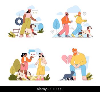Vector illustration featuring people and dogs engaged in various activities. Includes dog training, skiing, interacting with children, and a man with a cat. Emphasizes diverse seasonal settings. Stock Vector