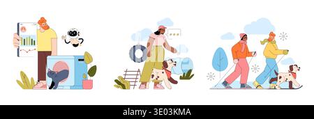 Vector illustration depicting various activities involving people and pets. Scenes include analyzing data, playing with a pet at the park, and winter walking with a dog in snow. Bright and cheerful colors enhance the emotions. Stock Vector