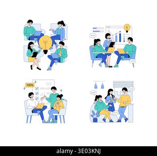 Vector illustration showing people engaging in teamwork and discussions. Charts and graphs depict analytics and productivity, while relaxed interactions indicate a creative work atmosphere. Stock Vector