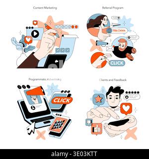 Vector illustration depicting various digital marketing strategies including content creation, referral programs, programmatic advertising, and client feedback. Engaging visuals highlight strategic concepts. Stock Vector