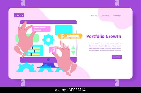 Vector illustration of interactive portfolio design with hands engaging digital elements on a monitor. Highlights growth in digital portfolio design, featuring elements of web development. Stock Vector