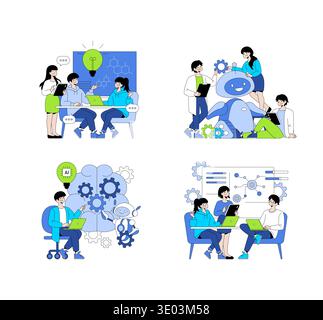 Vector illustration showing people collaborating on AI projects with robots and technology icons. Expressions convey enthusiasm and teamwork, highlighting innovation and creativity. Stock Vector