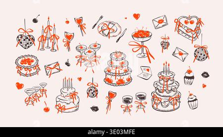 Set of crayon handdrawn birthday celebration dinner design elements. Whimsical coquette sketch doodle drawings. Watercolor desserts for girly feminine Stock Vector