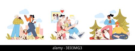 Vector illustration of people interacting with dogs in various outdoor activities. Scenes include walking, using a smartphone, and meditating with dogs, capturing moments of joy and connection. Stock Vector