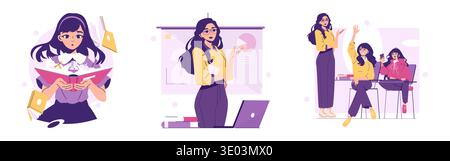 Vector illustration of women in three different educational scenarios: reading a book, presenting at a board, and engaging in a classroom setting. Expressions vary from curious to enthusiastic. Stock Vector