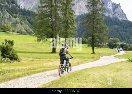 Man mountain biking on a trail through alpine meadows and evergreen trees. Scenic summer ride in the mountains with a group of hikers in the backgroun Stock Photo