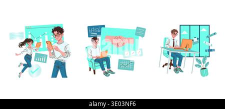 Vector illustration showcasing business and work activities. Individuals engaged with devices and symbols reflecting teamwork, productivity, and positive communication. Ideal for business themes. Stock Vector