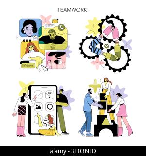 Vector illustration depicting collaborative teamwork through various scenes. Includes video calls, gear teamwork metaphor, app development, and block building, highlighting cooperation and interaction. Stock Vector