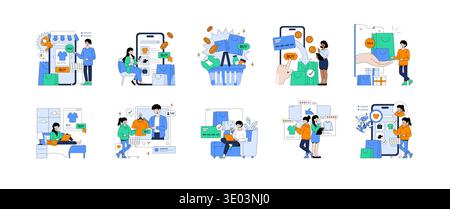 Vector illustration set depicting diverse online shopping scenarios with people using smartphones and laptops to purchase items, emphasizing convenience and digital transactions. Stock Vector