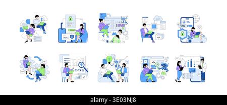 Vector illustration set showing diverse tech team collaborating on digital projects. Features include data analysis, programming, cybersecurity, and interactive design with visible teamwork. Stock Vector