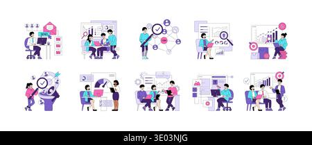 Business concept vector illustration depicting a team collaborating on digital projects. Includes scenes of email marketing, CRM networks, analytics, and e-commerce strategies, showcasing teamwork and modern technology in a corporate environment. Stock Vector