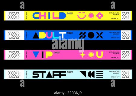 Set of event paper ticket wristband. Child, adult, VIP, staff access admission passes. Vector design template with acid neon geometric lettering and s Stock Vector