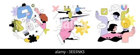 Vector illustration showing a diverse team collaborating over paperwork, conceptualizing with paper airplanes, and sharing innovative ideas with icons and symbols of communication and achievement. Stock Vector