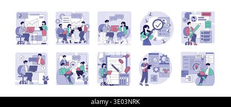 Vector illustration set showing various scenes of team collaboration, data analysis, and project management. Depicts professionals in engaging discussions and decision-making processes. Stock Vector