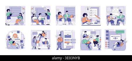 Vector illustration set showing diverse groups engaged in digital learning and collaboration. Includes scenes of online education, discussions, test-taking, and resource sharing, highlighting modern education dynamics. Stock Vector