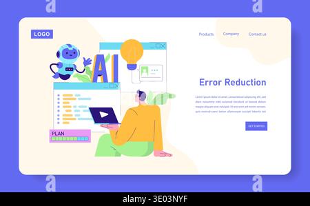 AI error reduction vector illustration featuring a person interacting with digital elements and a friendly robot character. This image highlights the role of AI in technology solutions. Stock Vector