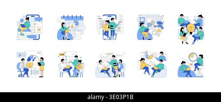 Vector illustrations depicting team collaboration, planning, and productivity enhancement with digital tools and teamwork. People engaged in creative and analytical activities. Stock Vector