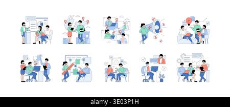 Vector illustration showing various business scenes with teamwork and project discussions. Illustrations depict teamwork, presentation, brainstorming, remote work, planning, and communication. Stock Vector