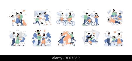 Vector illustration set depicting various family activities outdoors. Scenes include playing soccer, cycling together, picnicking, family walks with children, and enjoying creative pursuits. Stock Vector