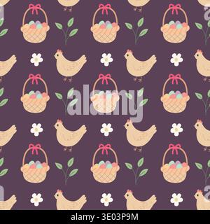 Easter pattern vector flat hand drawn style seamless background hen and egg basket ornament holiday textile and wrapping paper design Stock Vector