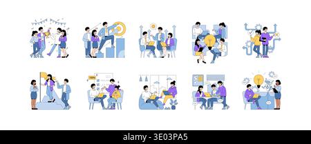 Set of vector illustrations showing a team in various collaborative scenarios, achieving goals, celebrating success, brainstorming ideas, and decision-making with positive interactions. Stock Vector