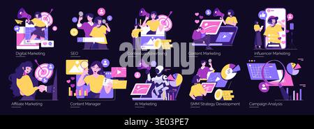 Vector illustration set depicting digital marketing and advertising concepts such as content creation, SEO, influencer marketing, and AI strategies. People actively engage in marketing activities with a modern approach, showcasing diverse methods and technologies. Stock Vector