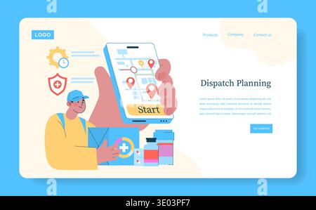 Vector illustration of a delivery dispatch planning app. A hand holds a smartphone showing a map with geolocation pins. A courier holds packages, symbolizing urban delivery services. Stock Vector