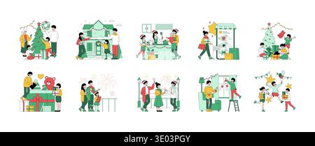 Vector illustration series highlighting festive family activities and holiday preparations. Scenes include decorating, baking, shopping, and celebrating, capturing joyful holiday moments. Stock Vector