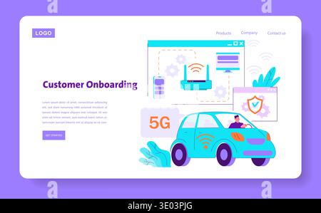 Vector illustration showing a customer onboarding process with 5G technology. A person drives a car connected to a network, highlighting smart connectivity and security features. Stock Vector