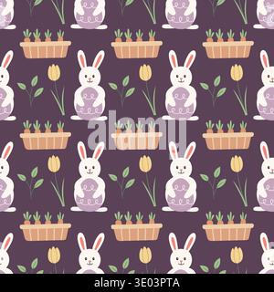 Easter pattern vector flat hand drawn style seamless background bunny tulip and carrot garden ornament textile and wrapping paper design Stock Vector