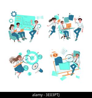 Vector illustration showcasing a team collaborating on business strategies, setting targets, and analyzing data. Highlights teamwork, focus on goals, and technological innovation in a workplace setting. Stock Vector