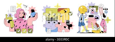 Vector illustration showcasing quirky characters in imaginative scenarios, including holding tiny figures and playful interactions. Vibrant colors and abstract shapes enhance the whimsical theme. Stock Vector