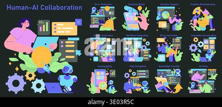 Human and AI engaging in diverse collaborative tasks like error reduction and creative brainstorming. Vibrant vector illustration depicting technological synergy and teamwork. Stock Vector