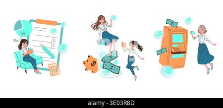 Vector illustration showing women using technology for financial management. Activities include tracking finances, saving with piggy banks, and using ATMs effectively. Stock Vector