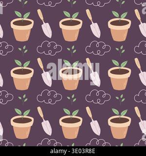 Gardening pattern vector flat hand drawn style seamless background flower pot and shovel ornament spring planting textile and wrapping paper design Stock Vector